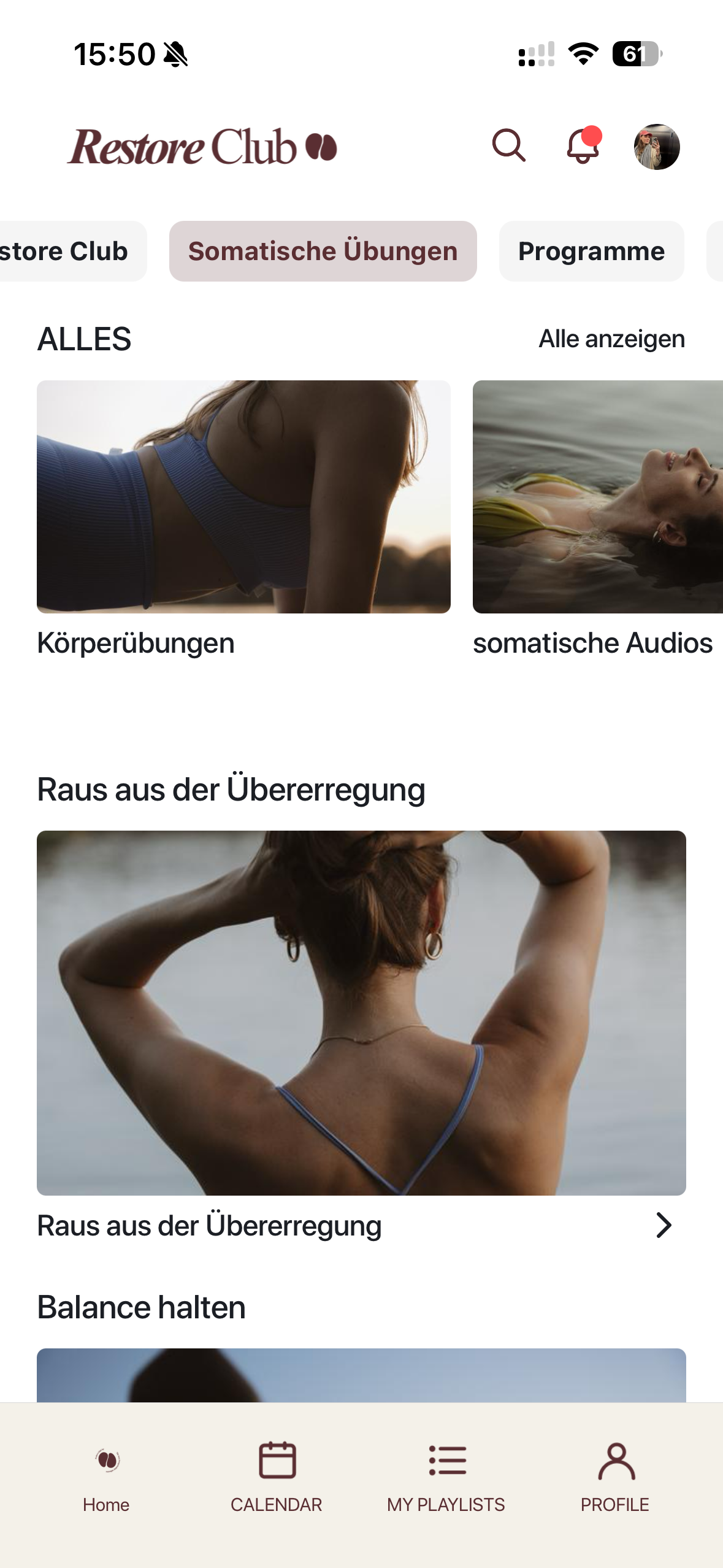 Restore 
  Club App – Übersicht