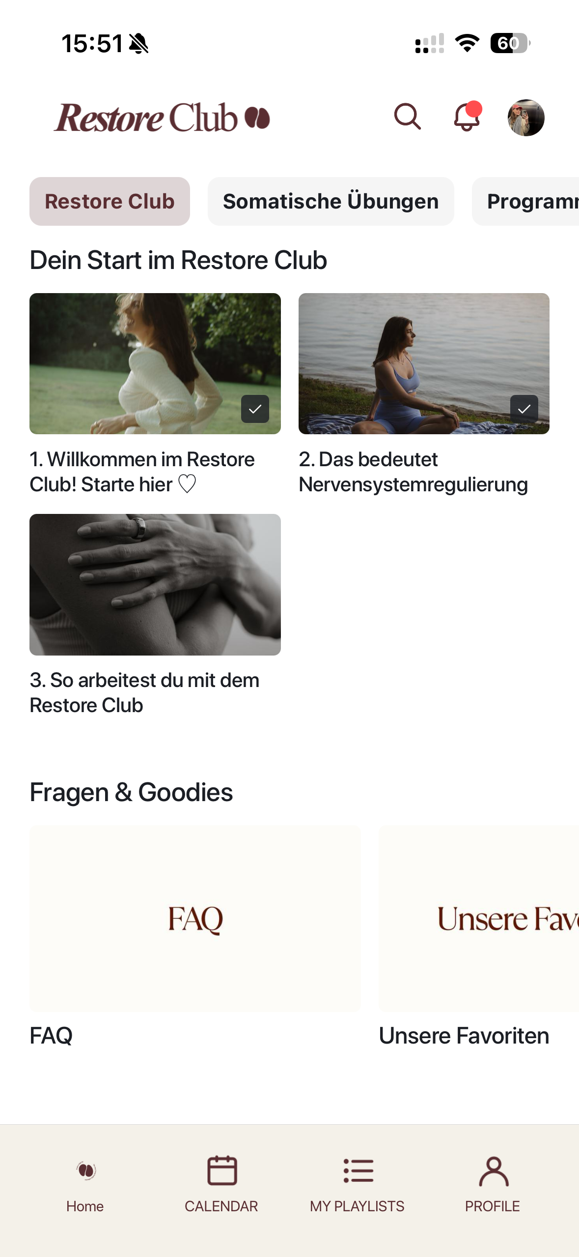 Restore 
  Club App – Somatische Übung