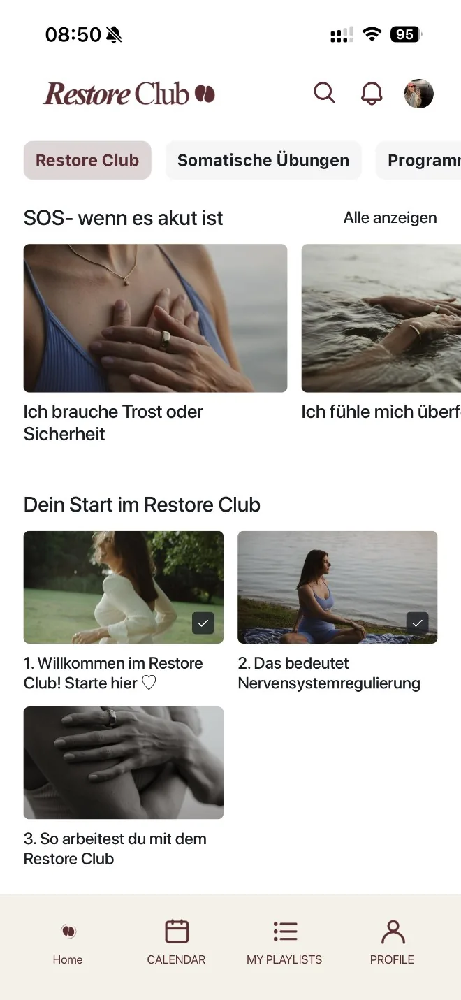 Restore Club App – SOS-Bereich: wähl deinen Zustand